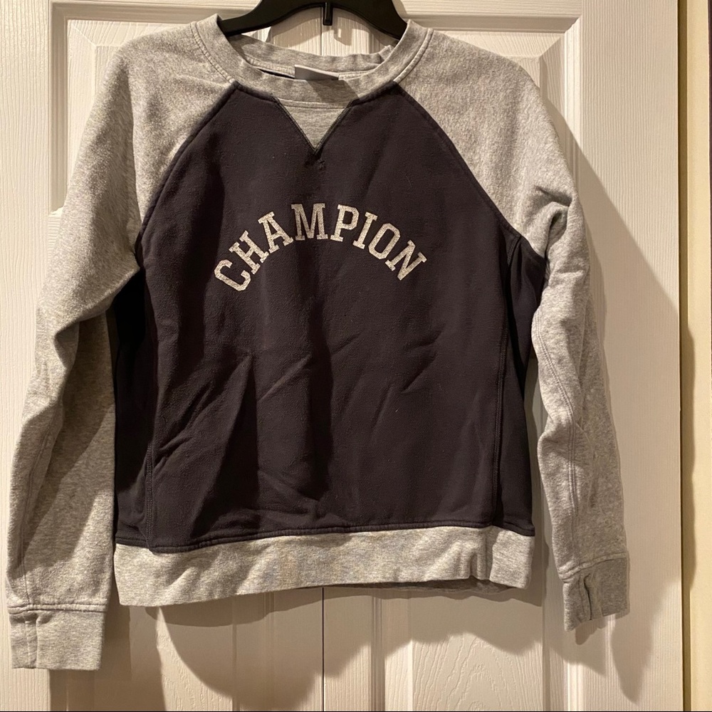 Champion Two Tone Gray Front Logo Printed Crew Neck Sweatshirt Small Color Block